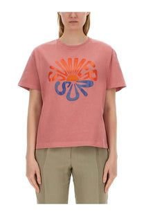 Ps by Paul Smith women’s soft pink short-sleeved t-shirt with bold orange and blue sunset print for summer wear