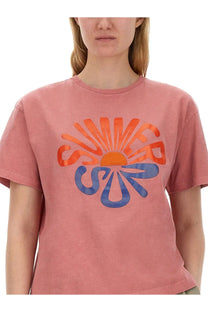 Ps By Paul Smith women’s soft pink cotton t-shirt with bold orange and blue sunset graphic print summer shirt blue