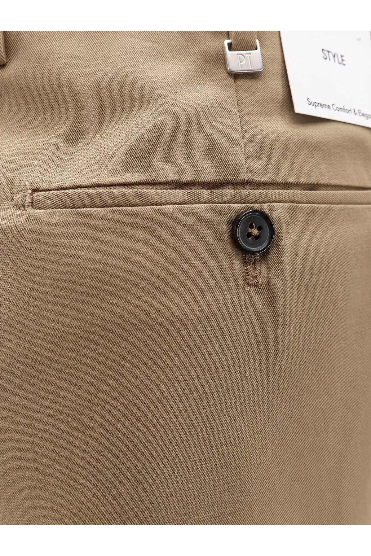 Tan cotton chino pants by pt torino featuring a black button and silver metal brand tag in beige color