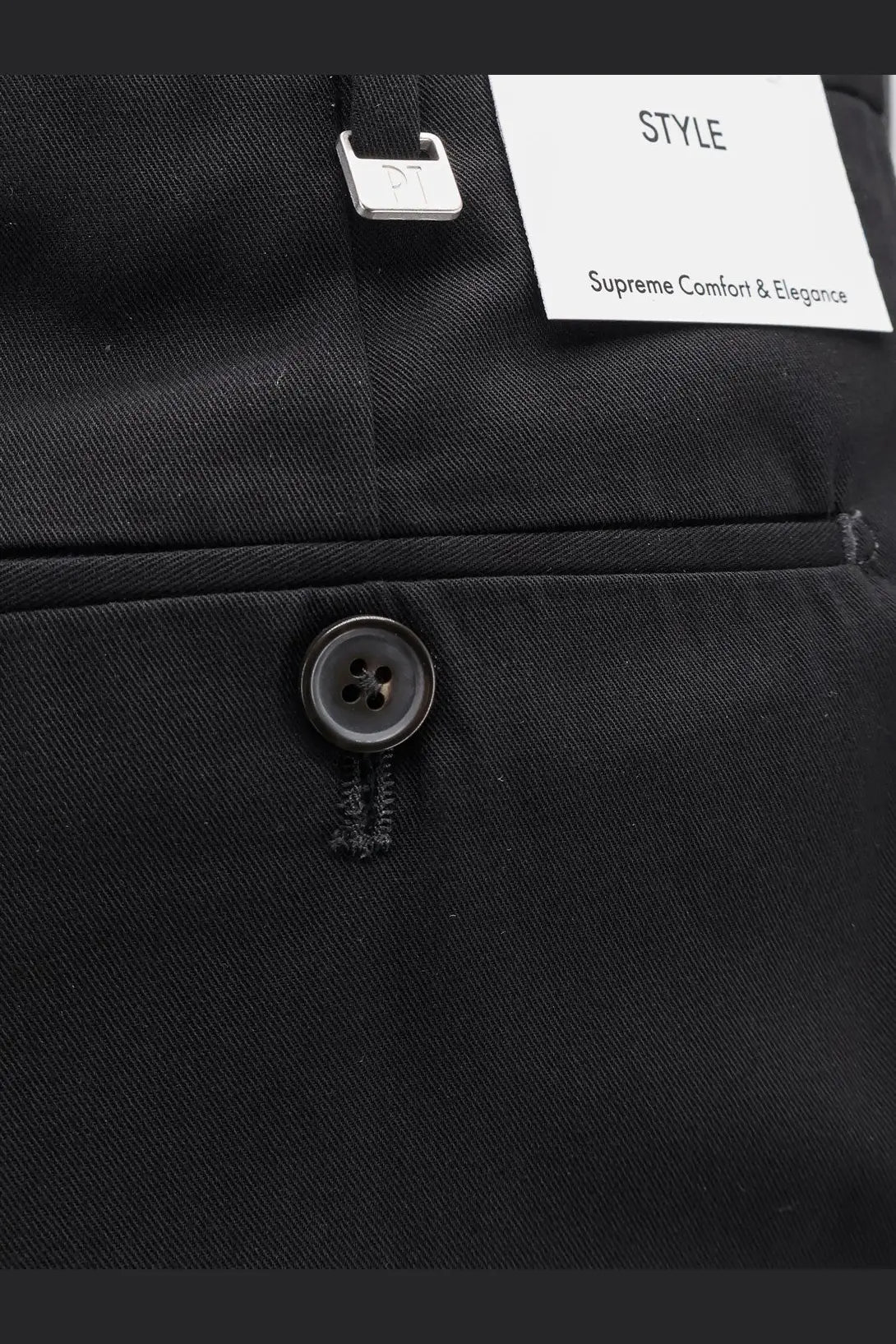 Pt torino men’s cotton trousers in black with sleek textured fabric and silver toned metal button closure