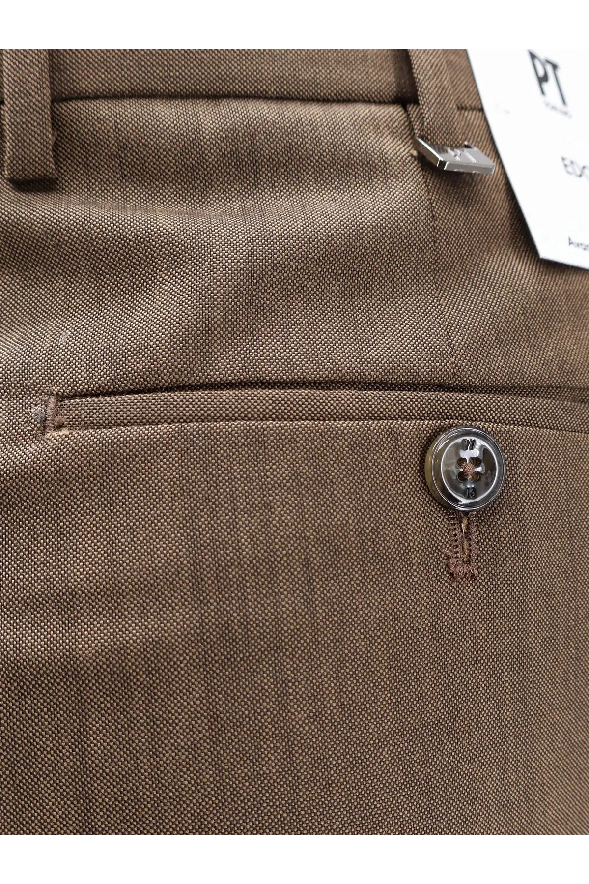 Pt torino men’s dandy deluxe virgin wool beige trousers with brown textured fabric and silver button and zipper details