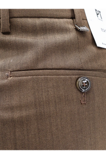 Pt torino men’s dandy deluxe virgin wool beige trousers with brown textured fabric and silver button and zipper details
