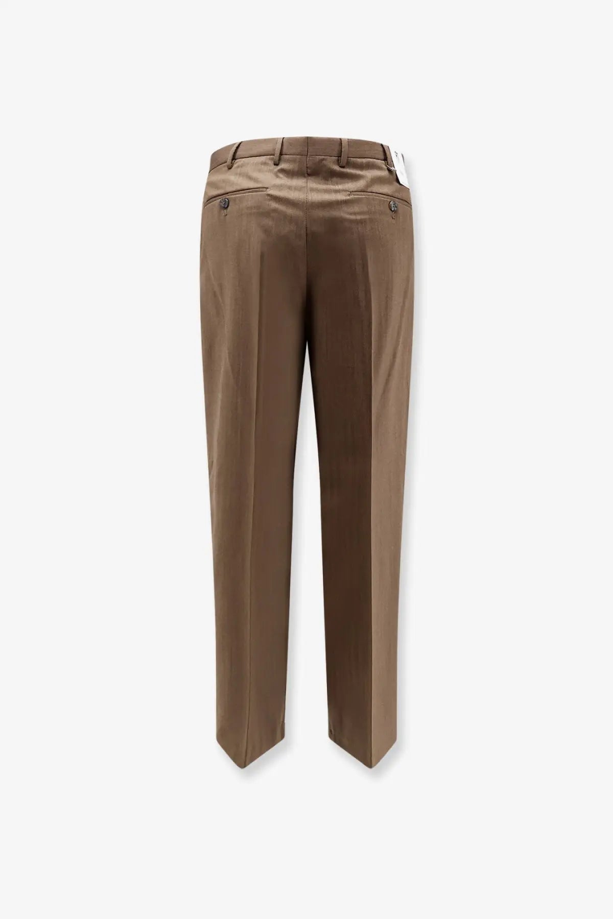 Brown tailored pt torino dandy deluxe virgin wool trousers beige with classic fit and subtle back pleats visible from rear view