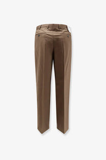 Brown tailored pt torino dandy deluxe virgin wool trousers beige with classic fit and subtle back pleats visible from rear view