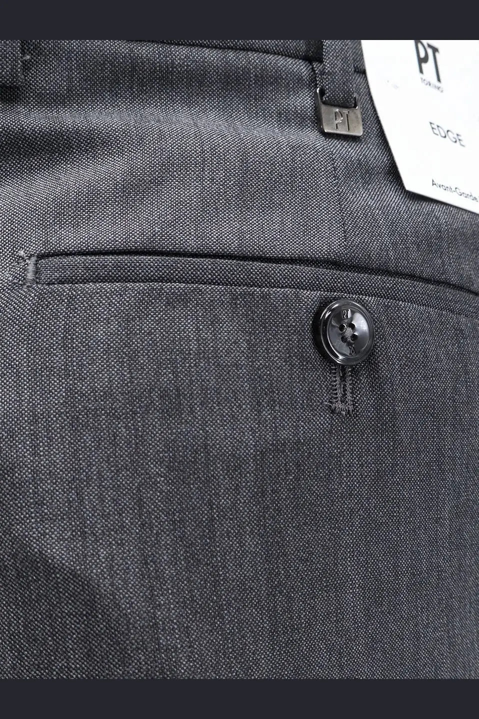 Pt torino men’s dandy deluxe virgin wool trousers in dark gray textured fabric with black button and metallic pt tag