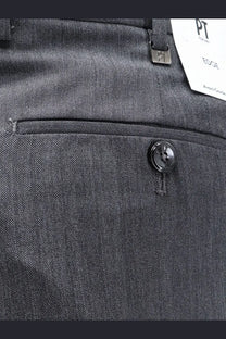 Pt torino men’s dandy deluxe virgin wool trousers in dark gray textured fabric with black button and metallic pt tag