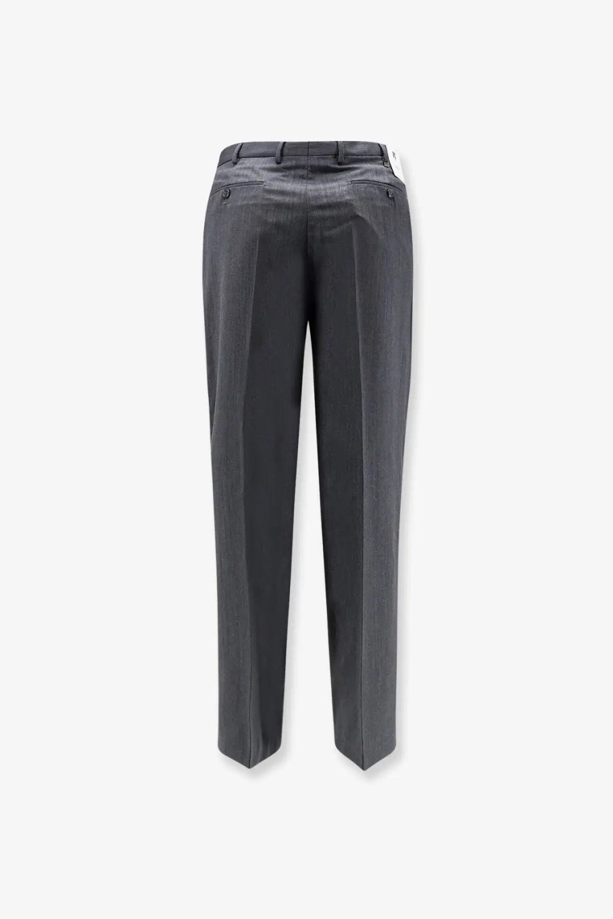 Pt torino men’s dandy deluxe virgin wool trousers grey showing back side with dark gray textured weave and pleats