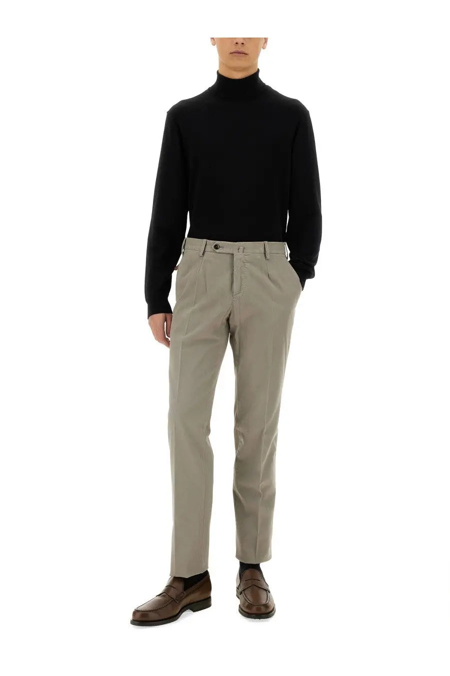 Pt torino men’s gabardine pants grey beige pleated chino trousers with tailored fit and belt loops visible from front
