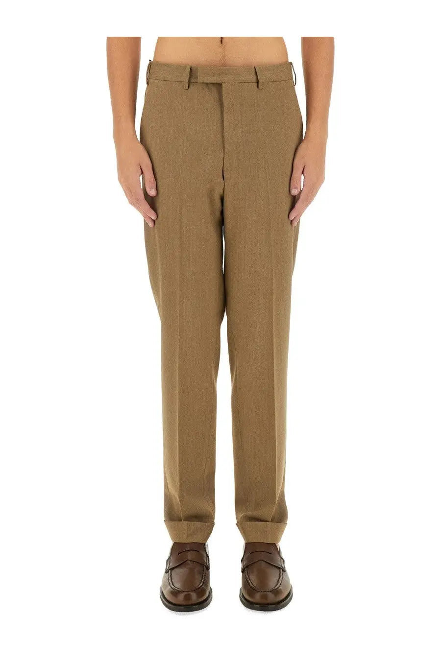 Pt Torino men’s straight leg pants beige khaki with subtle textured weave and classic belt loops