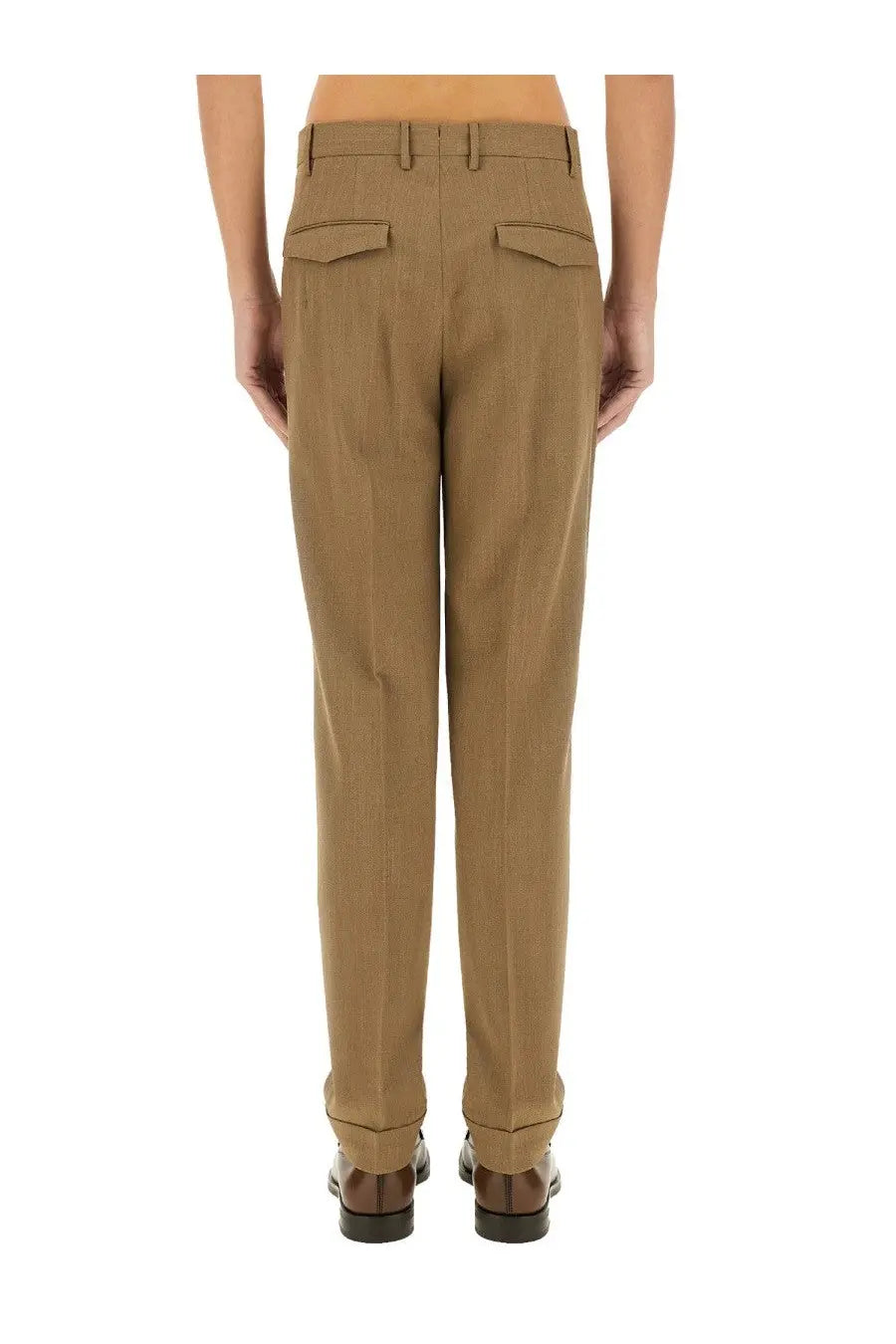 Pt Torino men’s straight leg tan wool trousers shown from the back with two rear patch pockets