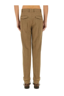 Pt Torino men’s straight leg tan wool trousers shown from the back with two rear patch pockets