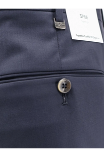 Dark navy blue tailored pt torino men’s virgin wool trousers with subtle woven texture metallic button and branded tag