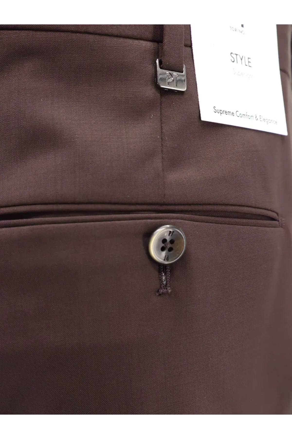 Pt torino men’s virgin wool trousers in brown featuring textured fabric with silver-toned button and metal tab