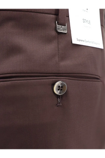 Pt torino men’s virgin wool trousers in brown featuring textured fabric with silver-toned button and metal tab