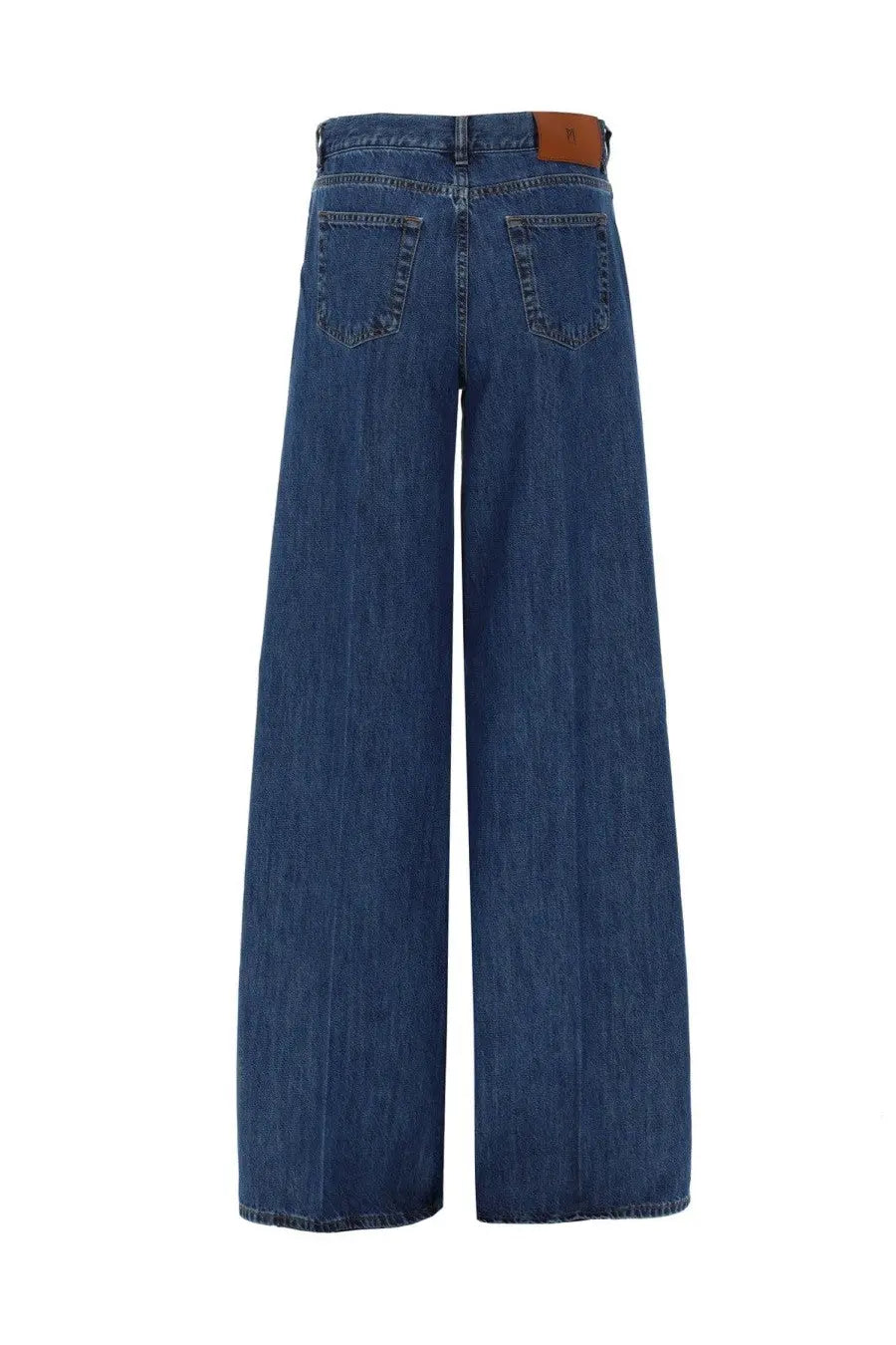 Pt torino women’s jeans cindy blue denim wide-leg trousers with brown leather brand patch at the waistband back view