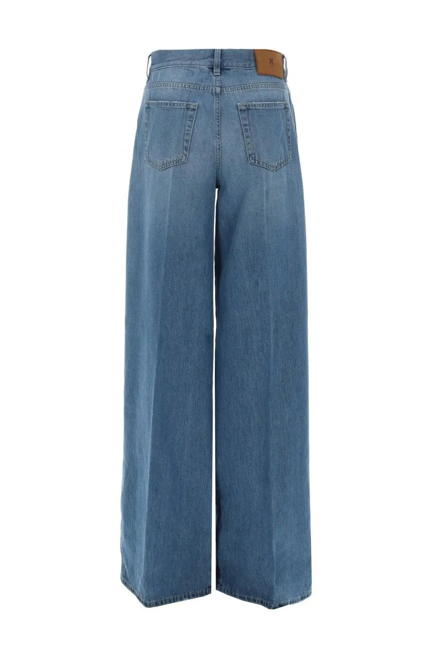 Pt torino women’s jeans cindy blue light-wash denim wide-leg trousers with brown leather brand patch at waistband back view