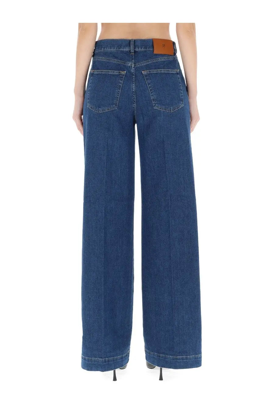 Dark blue wide-leg denim trousers with brown leather brand patch on waistband pt torino women’s jeans poppy blue back view