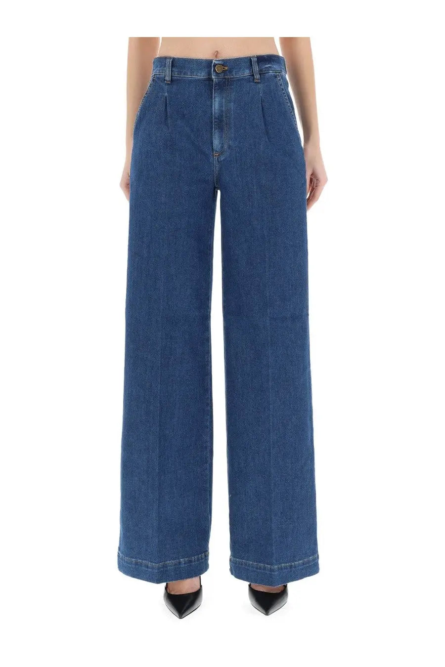 Pt torino women’s jeans poppy blue high waist blue denim wide-leg trousers with pleated front detail