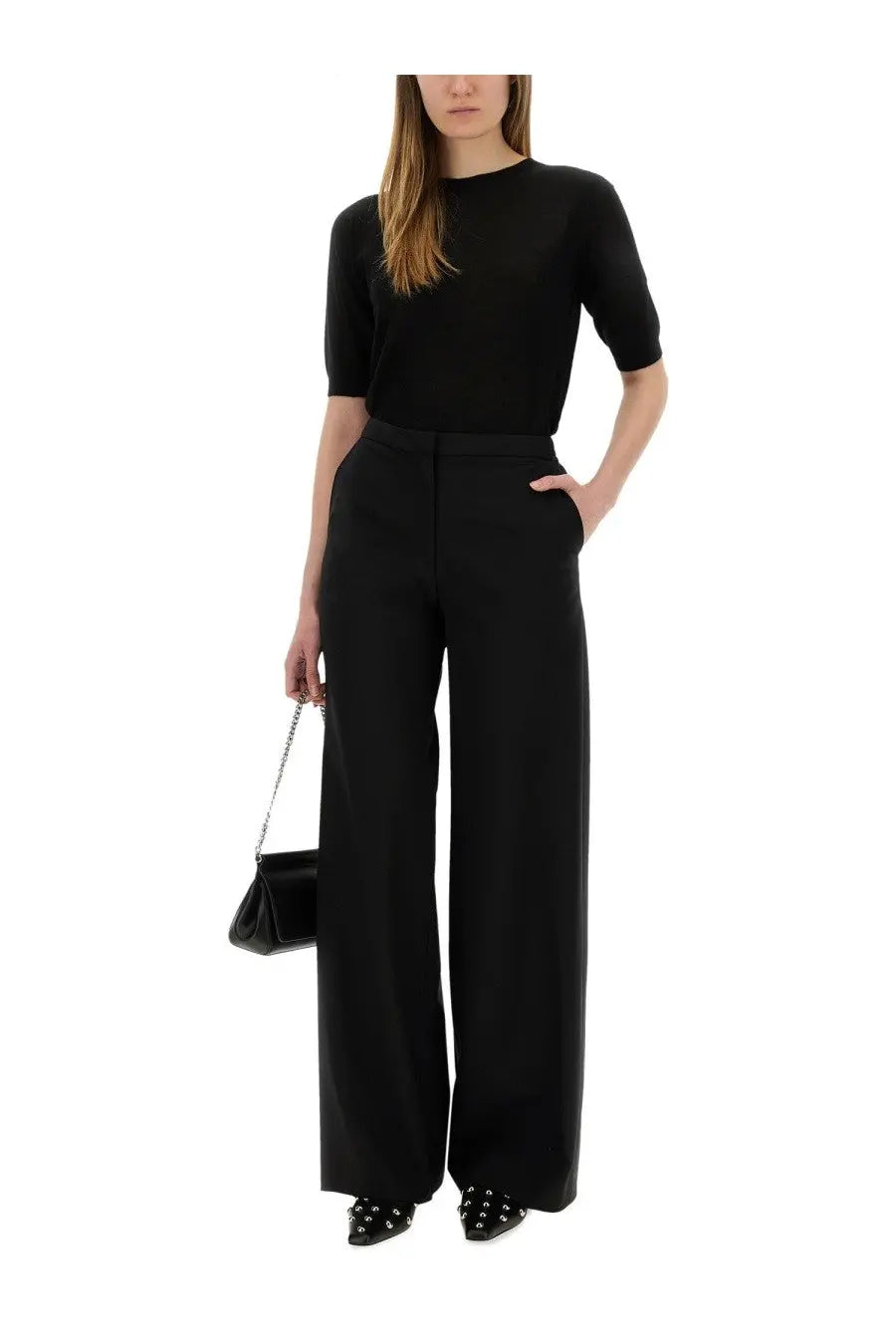 Pt torino women’s pants diana black sleek black wide-leg trousers with tailored fit and high waist