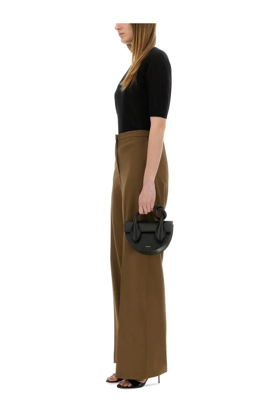 Black leather mini handbag with structured semi-circular shape and top handles paired with Pt Torino womens pants Diana brown