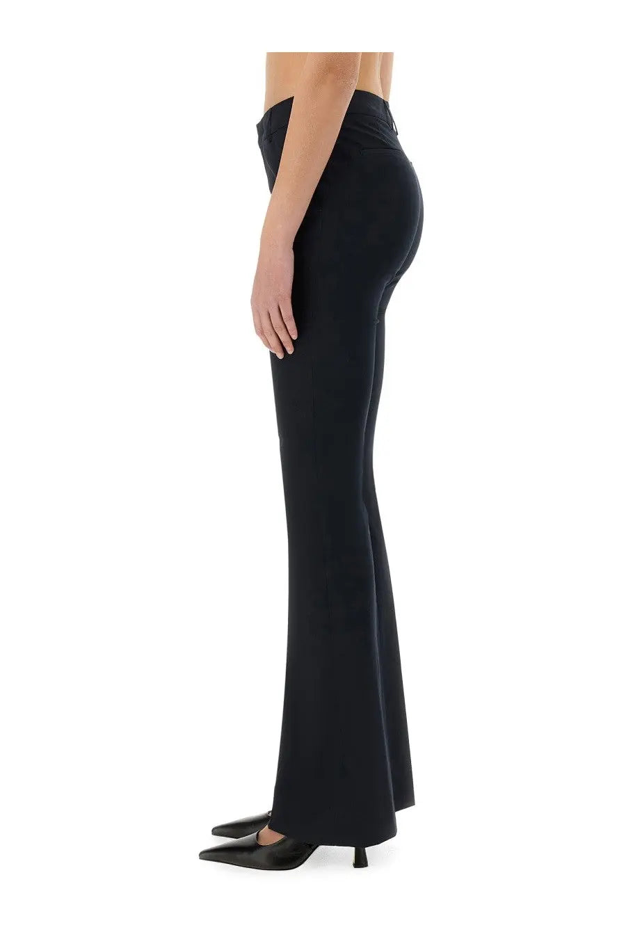 Pt Torino women’s black high-waisted flared trousers with a sleek form-fitting silhouette in Elsa Blue collection