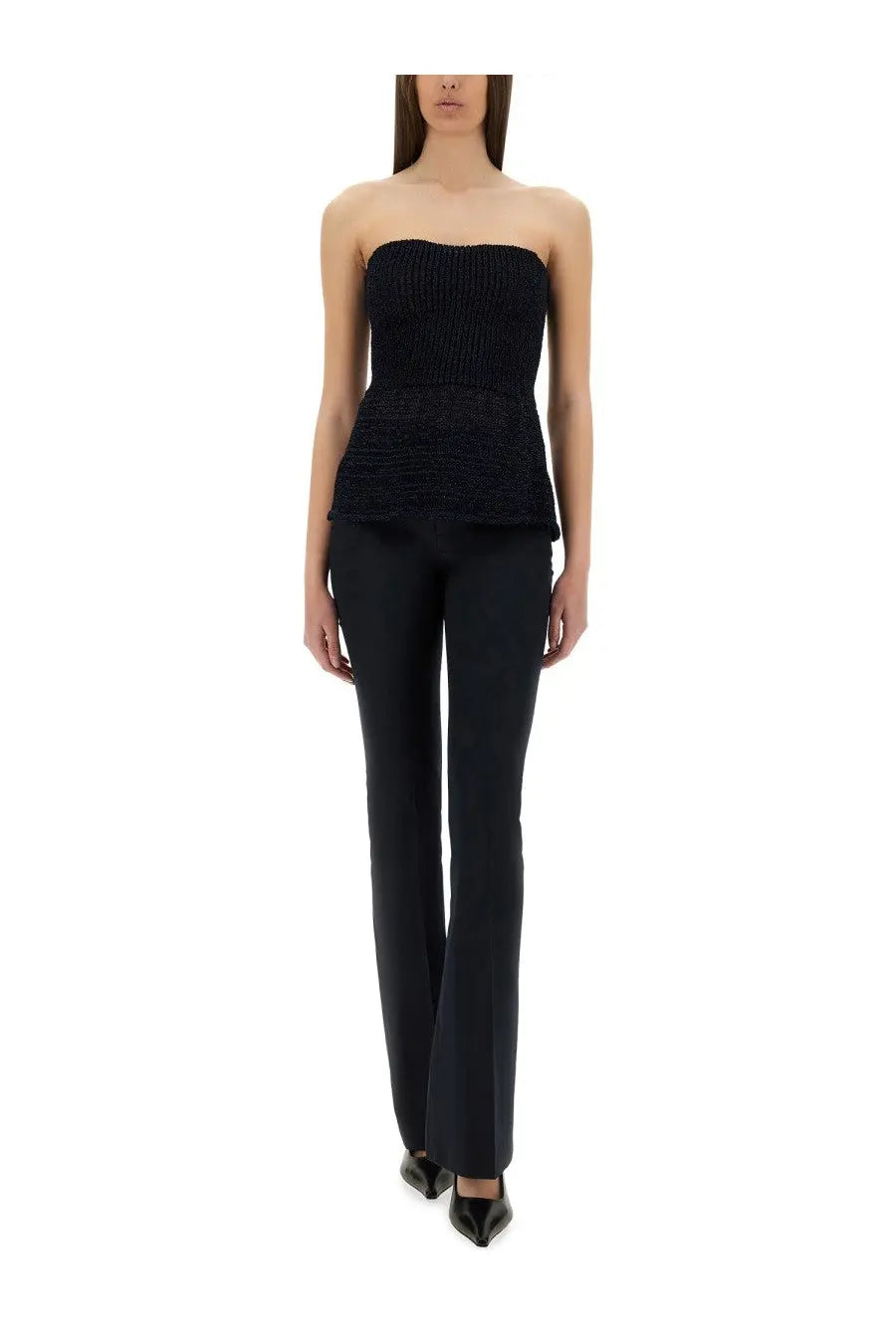Black ribbed knit strapless top with peplum hem paired with pt torino women’s elsa blue pants
