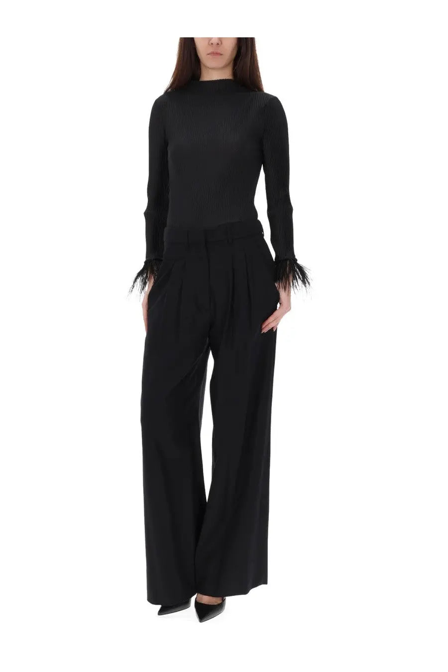Black pt torino womens pants frankie with wide-leg design paired with a black high-neck knit top with feathered cuffs