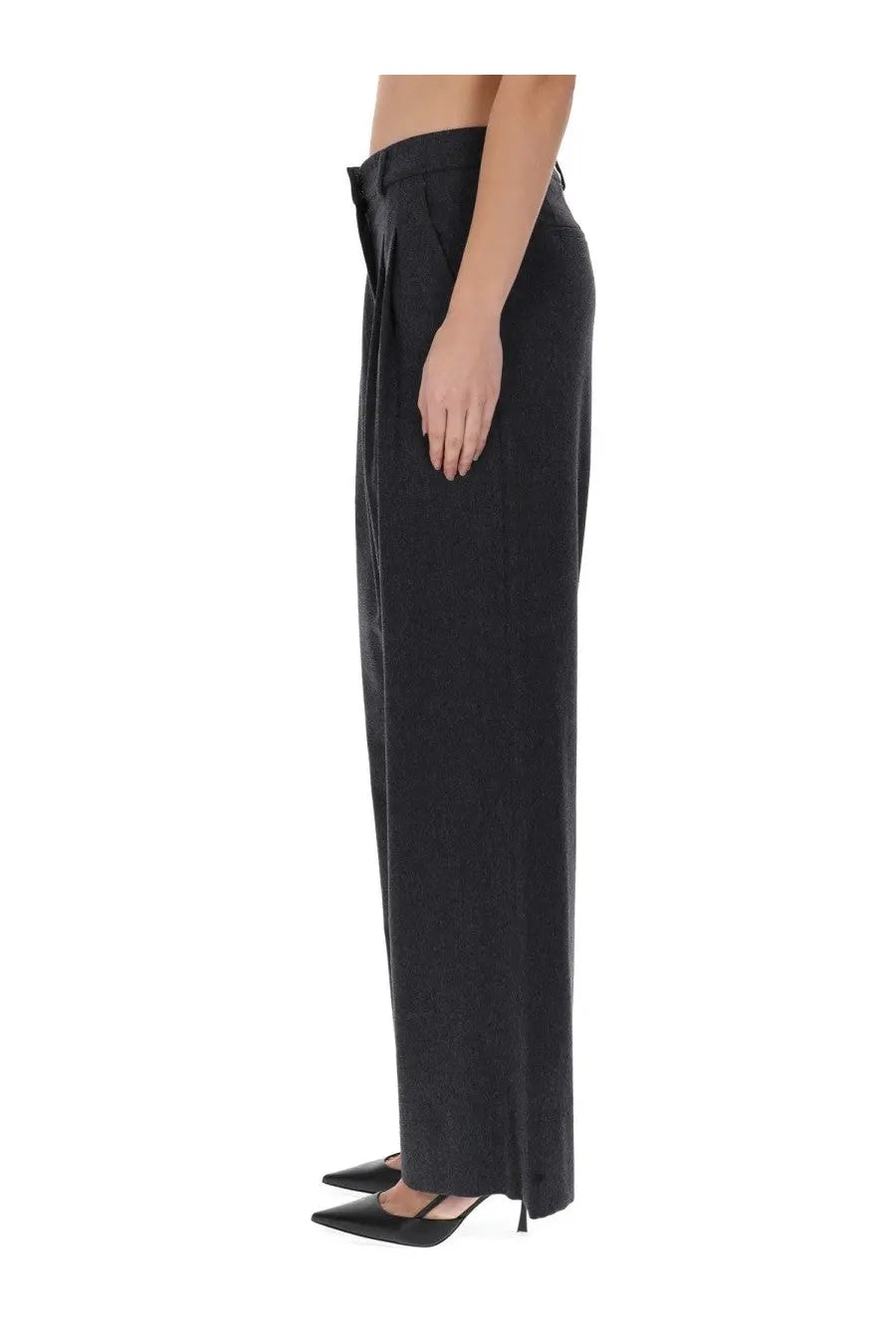 Pt Torino women’s pants Frankie Grey black wide-leg high waist trousers with front slit in smooth fabric