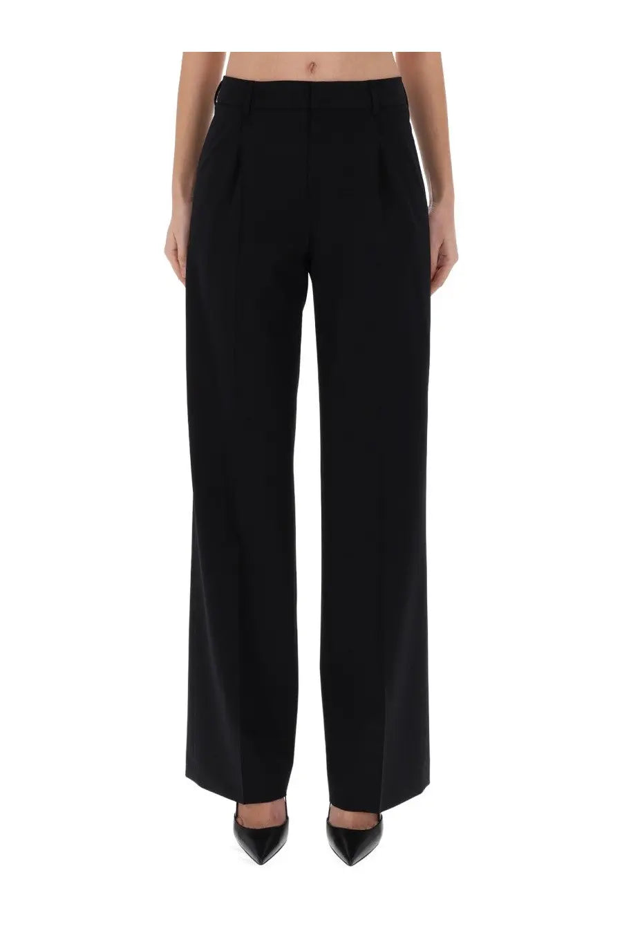 Pt torino women’s pants lola black wide-leg tailored trousers with pleated waistband in black fabric