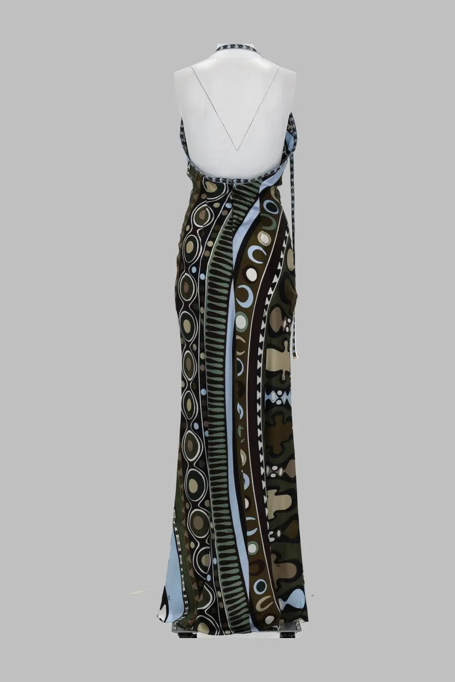 Pucci women’s abito con stampa occhi long sleeveless dress with halter neckline and geometric brown black beige blue patterns