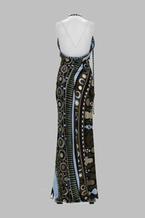 Pucci women’s abito con stampa occhi long sleeveless dress with halter neckline and geometric brown black beige blue patterns