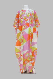 Pucci women’s caftano multicolor cotton kaftan dress with bold orange pink lime geometric triangles and circles pattern