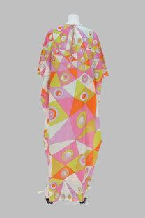 Pucci women’s caftano cotton kaftan in multicolor with vibrant geometric patterns and circular motifs in pink orange yellow and white