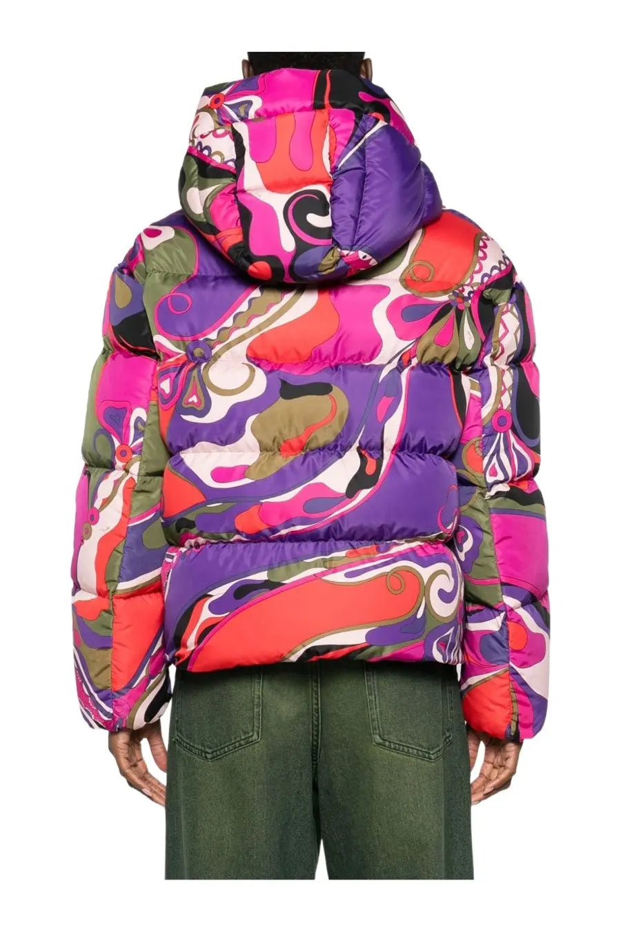 Pucci women’s vibrant puffer jacket with bold multicolor psychedelic orchid print in shades of pink purple orange and green