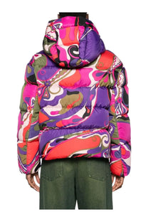 Pucci women’s vibrant puffer jacket with bold multicolor psychedelic orchid print in shades of pink purple orange and green
