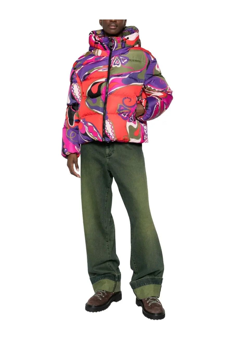 Pucci women’s giacca imbottita multicolor puffer jacket with bold pink purple orange green abstract pattern