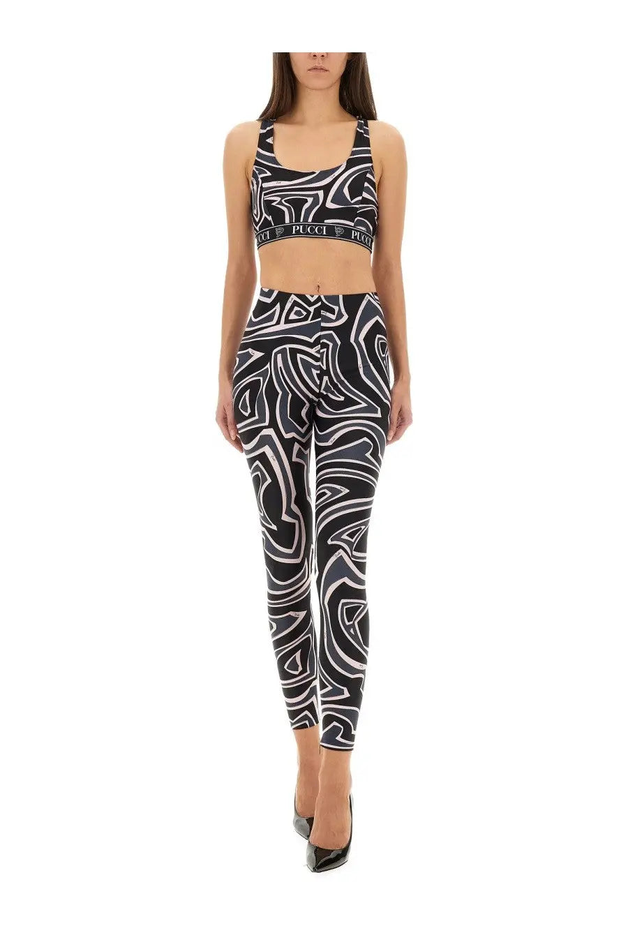Pucci women’s labyrinth print black and white abstract patterned crop top with ribbed waistband