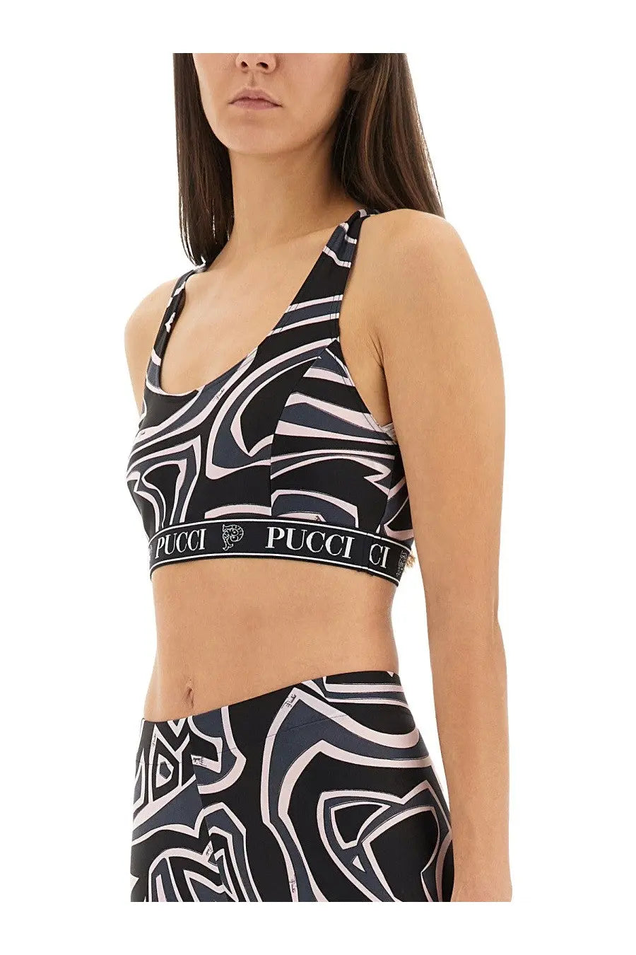 Pucci women’s labyrinth print black and white abstract sports bra with branded elastic band front view