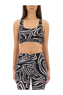Black and white abstract patterned pucci sports bra with branded elastic band from pucci women’s labyrinth print top multicolor