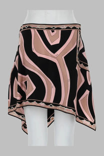 Pucci women’s asymmetrical wrap skirt in silk with bold geometric black blush pink and beige print