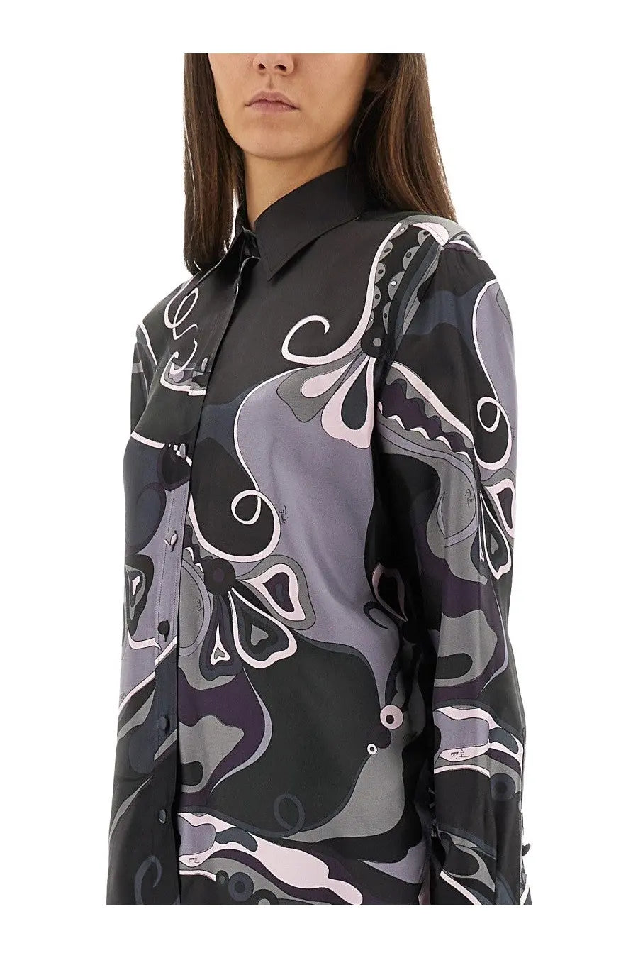 Pucci women’s orchid print black silk blouse with black and gray abstract floral pattern and white outlines