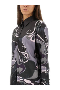 Pucci women’s orchid print black silk blouse with black and gray abstract floral pattern and white outlines