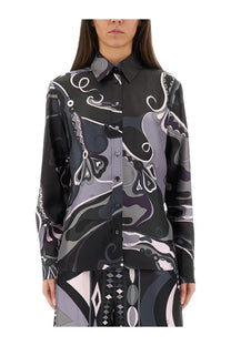 Pucci women’s orchid print shirt black long-sleeve button-up with black and gray abstract pattern and white accents