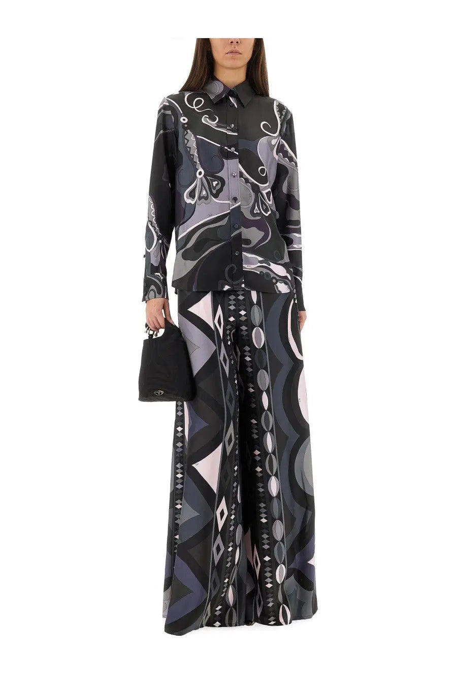 Pucci women’s orchid print black shirt with long sleeves featuring black and gray abstract swirls and geometric shapes