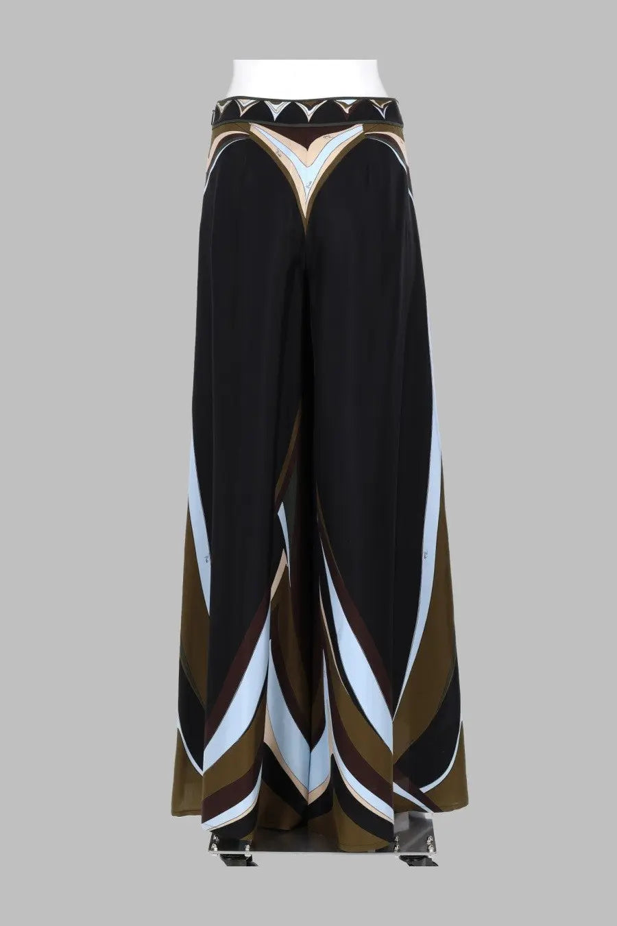 Pucci women’s pantalone palazzo in silk with black wide-leg trousers featuring bold white brown and beige geometric pattern