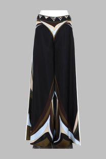 Pucci women’s pantalone palazzo wide-leg pants in black silk with bold beige brown and light blue geometric pattern