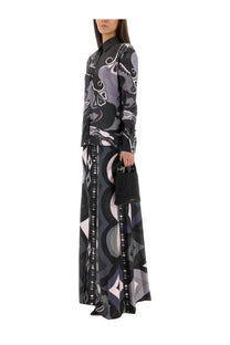 Pucci women’s black geometric patterned maxi dress with high-waisted cut and long sleeves