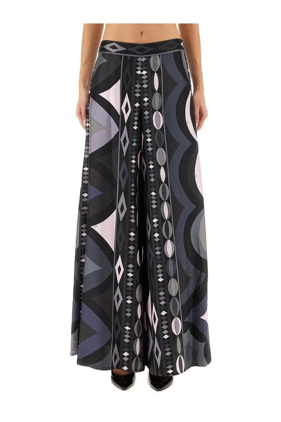Pucci women’s pants black wide-leg with bold geometric pattern of diamonds circles and wavy lines in black and gray