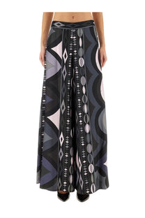 Pucci women’s pants black wide-leg with bold geometric pattern of diamonds circles and wavy lines in black and gray