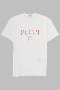 White Pucci women’s cotton t-shirt with colorful rainbow-striped Pucci logo and embroidered fish design on front